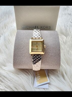 Michael Kors Women's Gold Square Watch with White & Black Snake-Print Strap